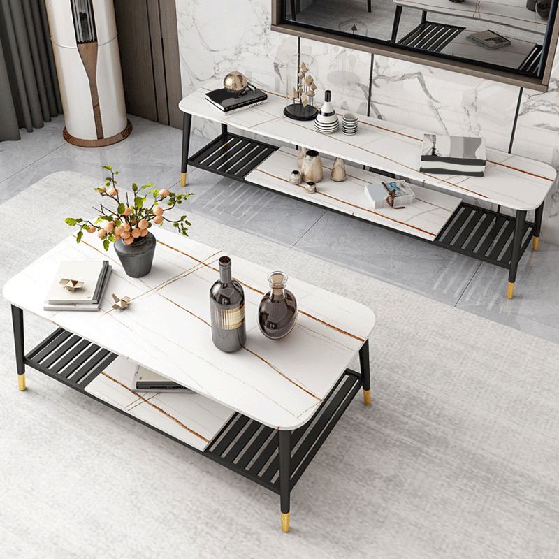 4 Legs Coffee Table Slate Top Coffee Cocktail Table with Shelf