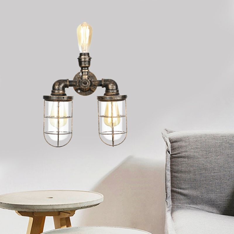3 Heads Water Pipe Wall Mount Fixture with Cage Shade Nautical Style Antique Brass Iron Wall Lighting