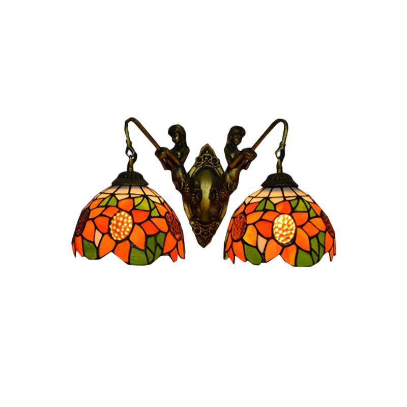 Sunflower Wall Mounted Lamp Tiffany Orange Glass 2 Heads Bedroom Sconce Light in Bronze