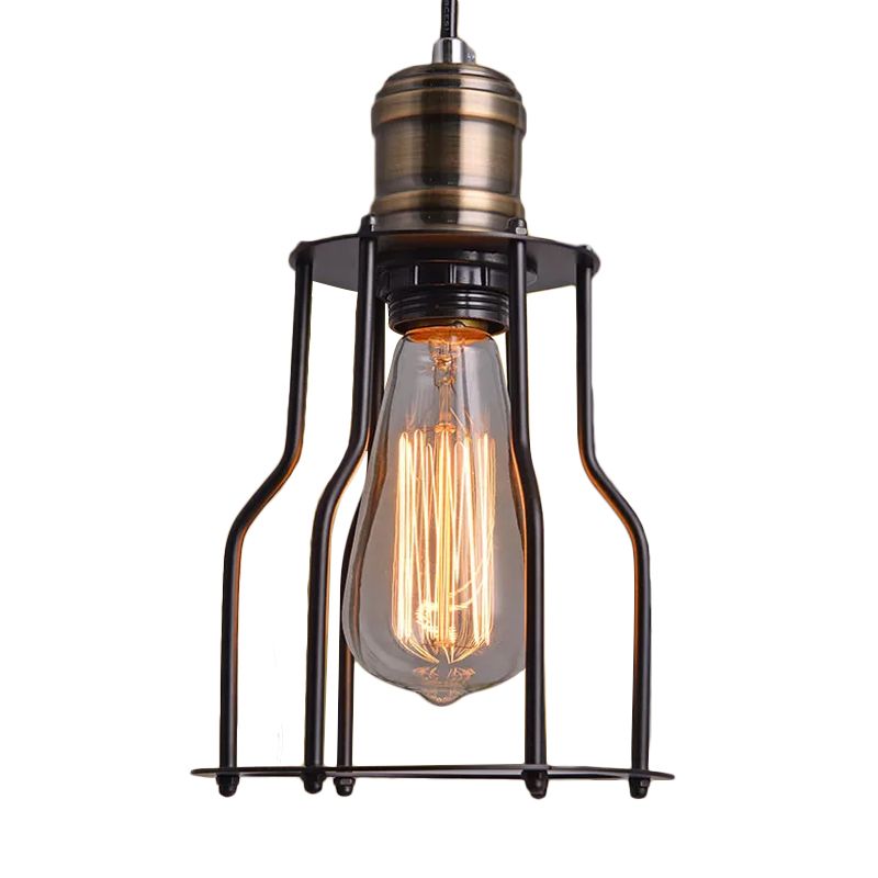 Single-Bulb Drop Pendant Warehouse Caged Metal Suspended Lighting Fixture in Black