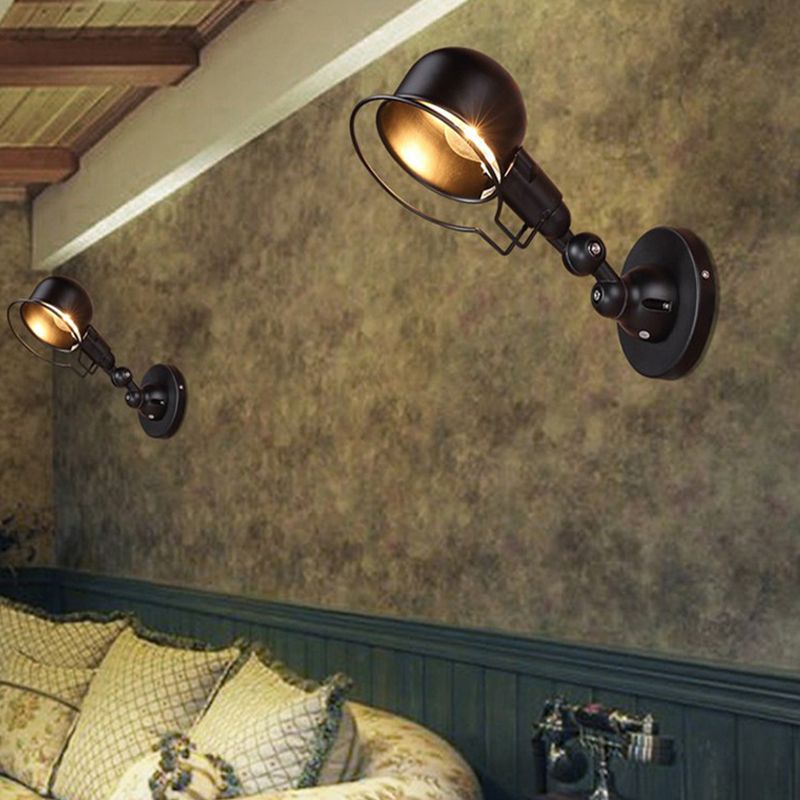 Industriestil Schwung Arm Wandlampe 1 Kopf Metall Wandleuchte mit Kuppelschatten in Schwarz