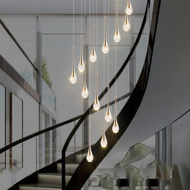 Crystal Gold LED Hanging Lamp in Modern Luxury Style Electroplate Aluminium Pendant Light for Stairs