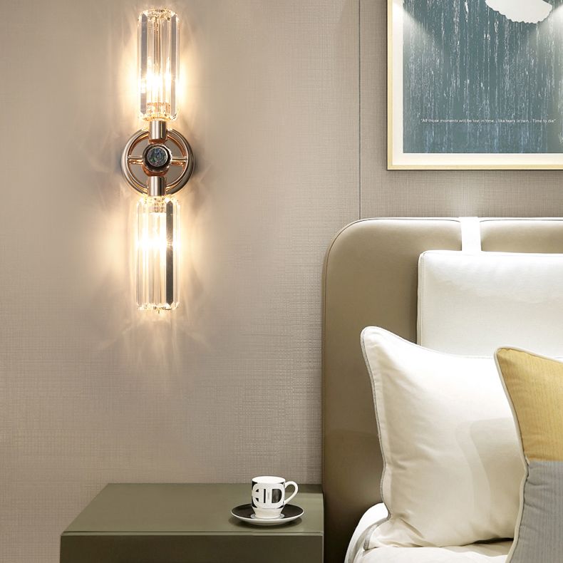 Gold Cylindrical Wall Lamp in Modern Luxury Style Wrought Iron 2-Light Wall Sconce with Crystal Shade