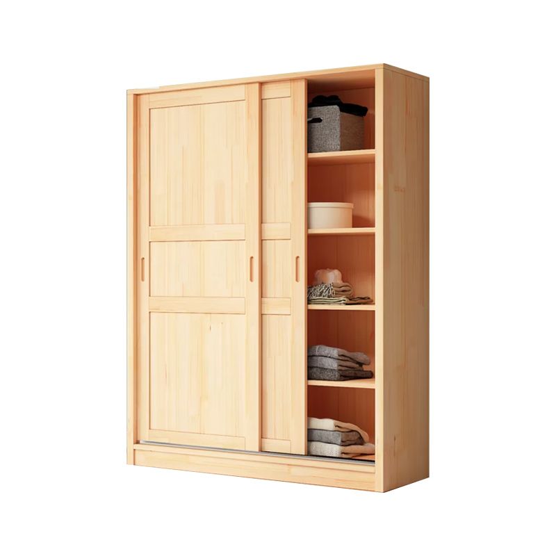 Natural Pine Solid Wood Wardrobe Freestanding Wardrobe with Sliding Doors