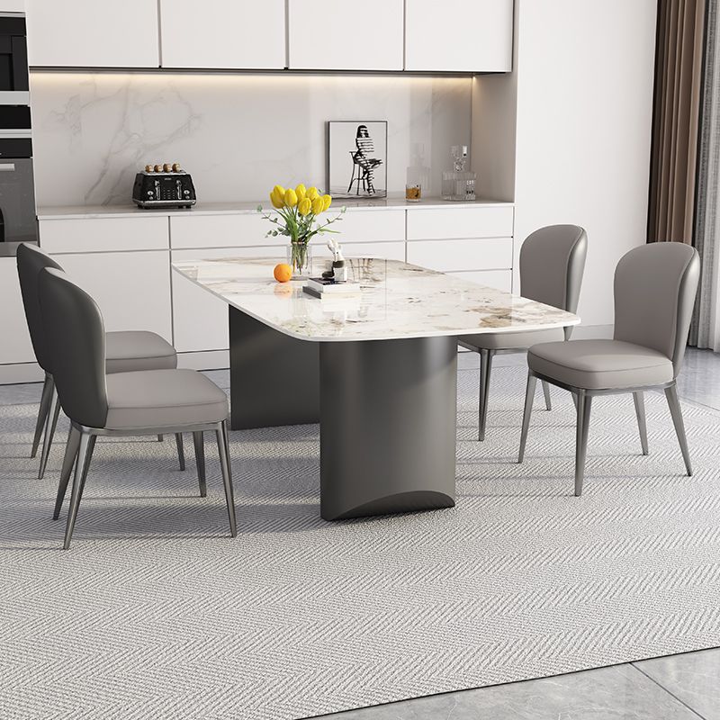 White Stone Top Dining Table Rectangular Tabletop with Metal Double Pedestal Base