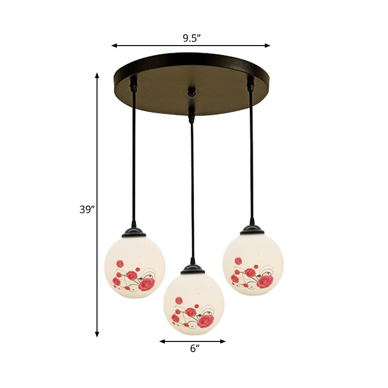 3 Heads Orb Multi-Pendant Modernism Black Finish White Frosted Glass Hanging Light Kit with Flower Pattern and Round/Linear Canopy