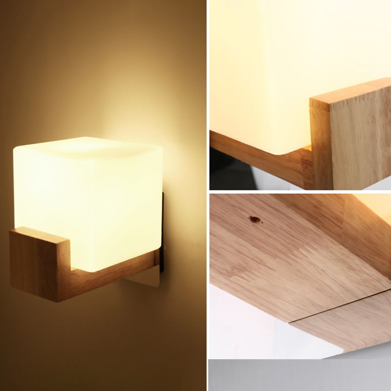 Modern Simplicity Single Light Square Wall Lamp Wood Bedroom Living Room Wall Mount Lighting