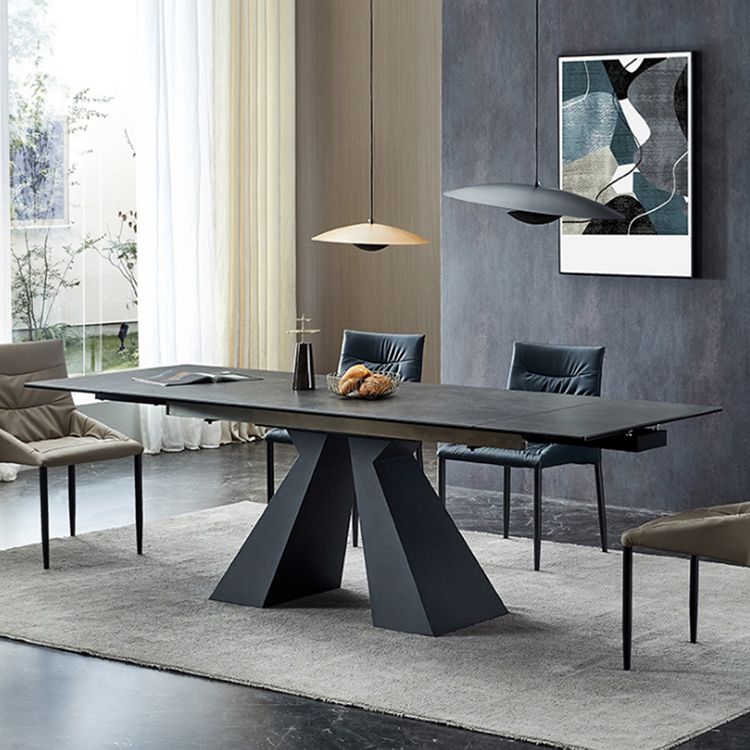Rectangle Traditional Luxury Dining Table Grey Sintered Stone Table with Black Double Pedestal