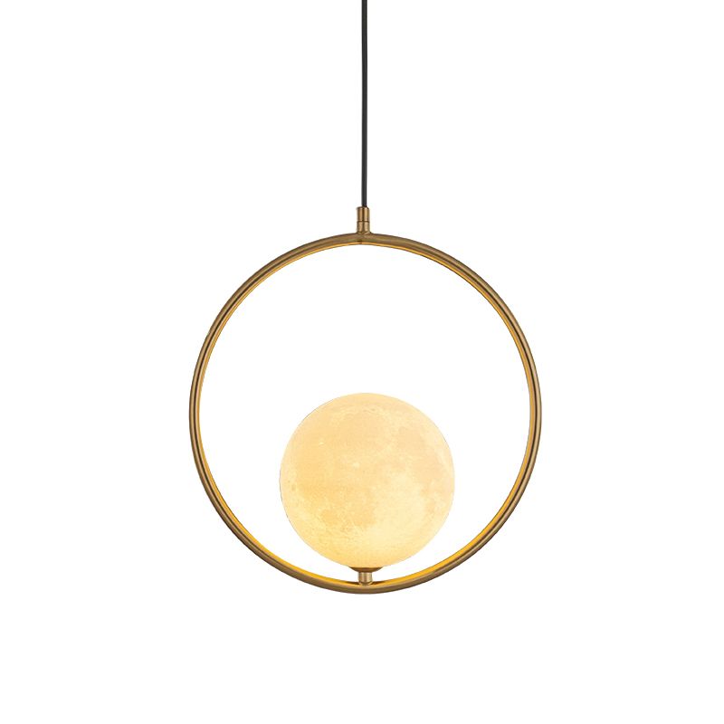 Globe Pendant Lighting Contemporary Frosted White Glass 1 Head Gold Ceiling Lamp with Metal Ring