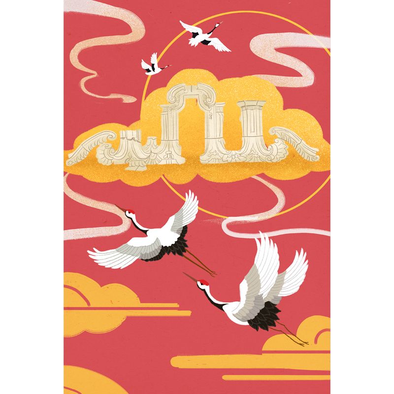 Halcyon Fly over Cloud Mural Decal in Red Chinese Style Wall Covering for Living Room