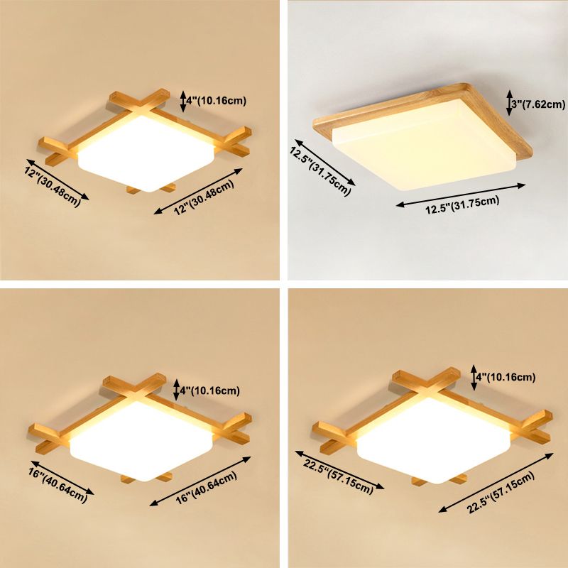 Minimalist LED Flush Ceiling Light Fixture Wood Square Flush Mount Light with Wood Shade