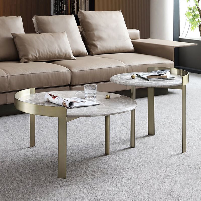 Glam Slate Coffee Table Round Beige Coffee Table Set with 3 Legs