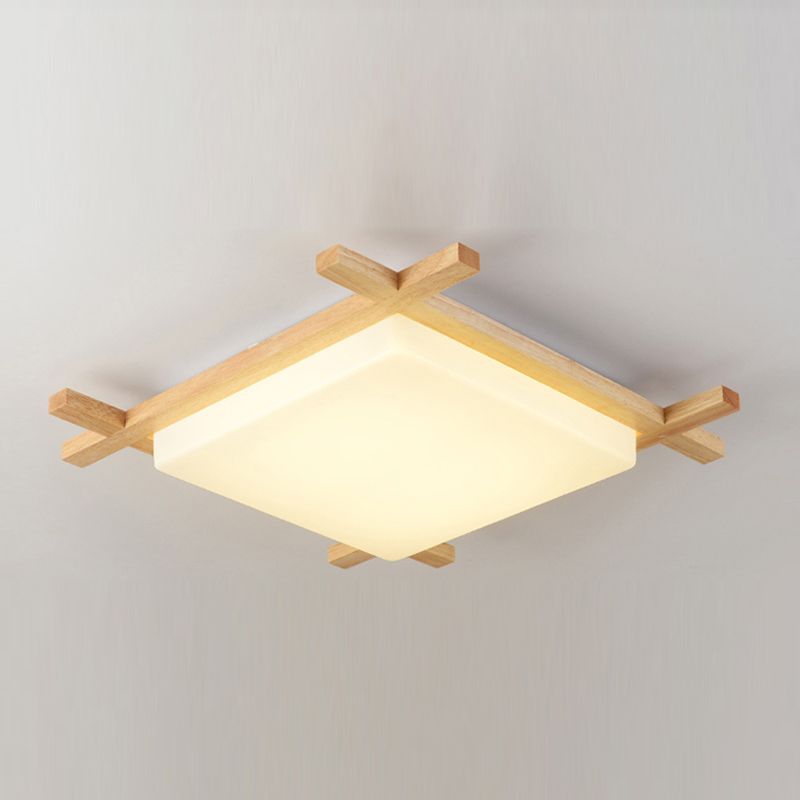 Modern Minimalist LED Ceiling Fixture Wooden Square Flush Mount with Acrylic Shade