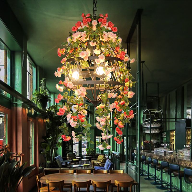 Trellis Cage Iron Hanging Chandelier Farm 3/4 Lights Restaurant Flower Suspension Lamp in Black