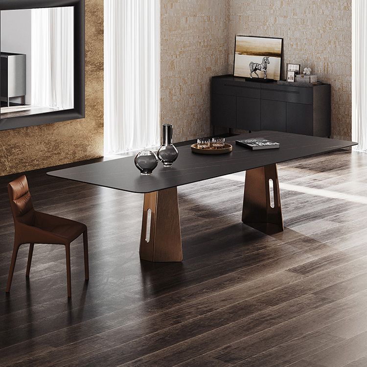 Minimalist Sintered Stone Dining Room Set with Rectangle Top and Metal Base Formal Table Set