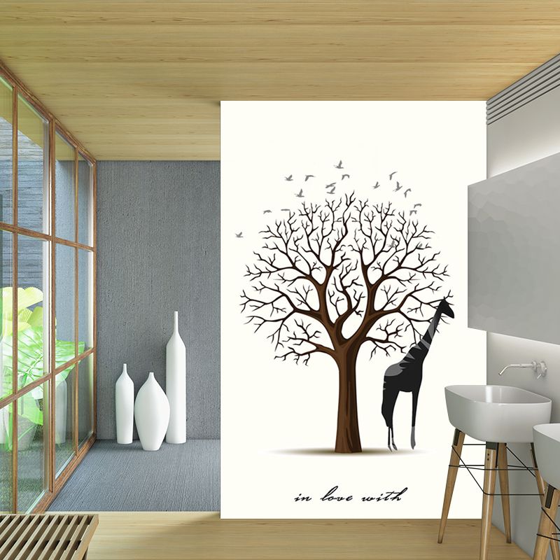 Whole Minimalist Wall Murals Black and White Giraffe with Bare Tree Painting Wall Decor, Custom Made