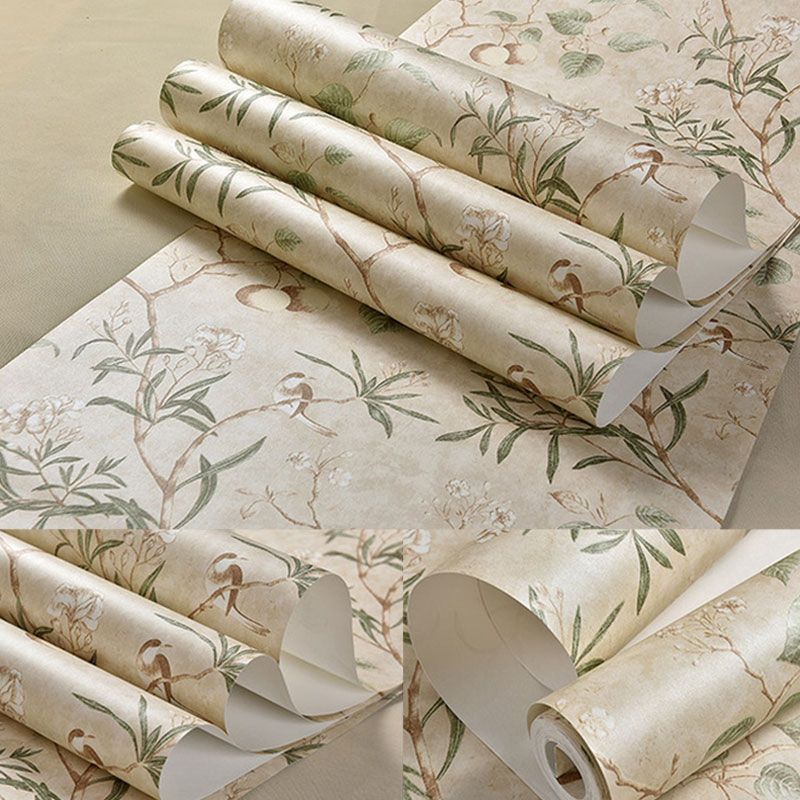 Plaster Wallpaper Roll with Beige and Green Apple Tree Design, 33'L x 20.5"W