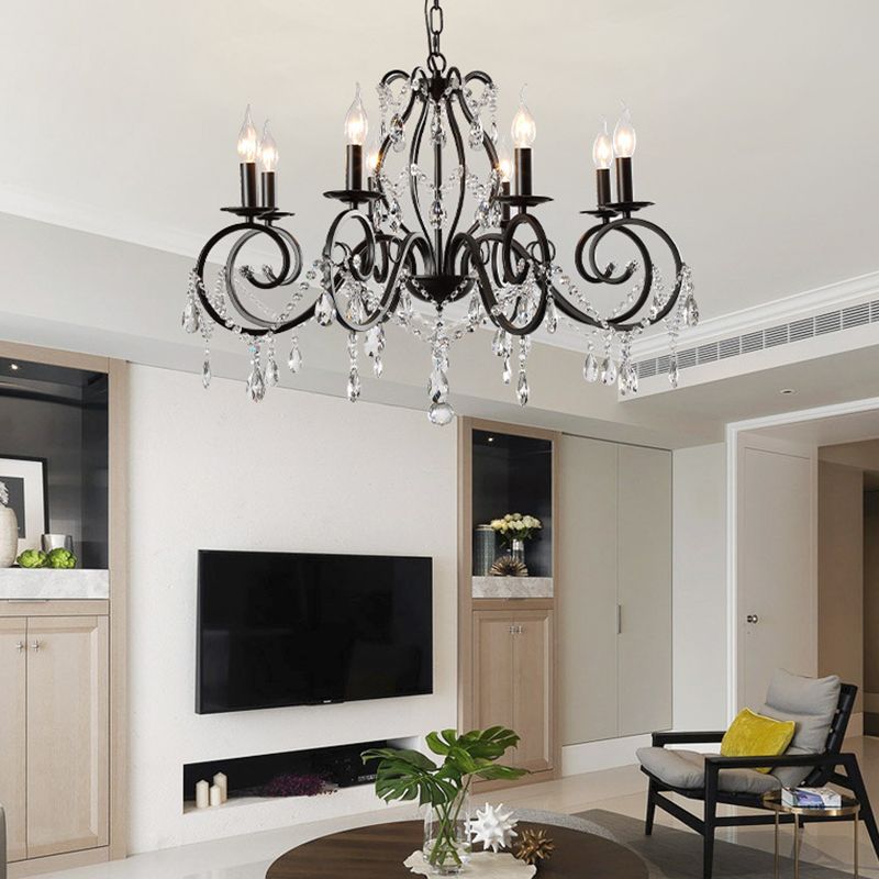 Retro Candlestick Chandelier Iron Hanging Lamp with Crystal for Living Room