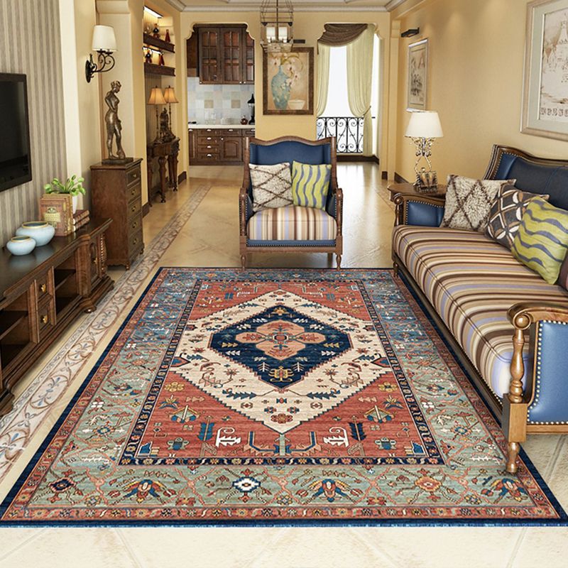 Red Bohemian Area Carpet Polyester Tribal Pattern Area Rug Stain Resistant Rug for Home Decor