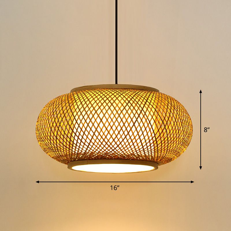 Round Ceiling Hanging Lantern Asian Bamboo 1-Light Beige Suspension Pendant Light