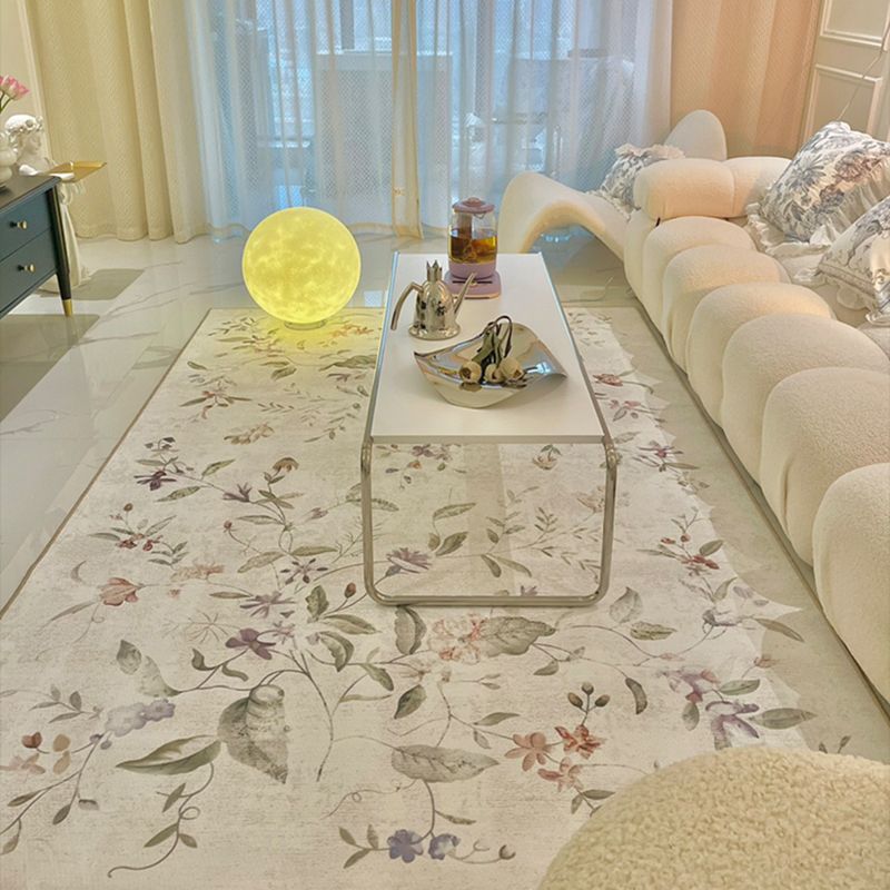 White Plant Pattern Area Carpet Polyester Bohemian Area Rug Easy Care Washable Rug for Home Decor