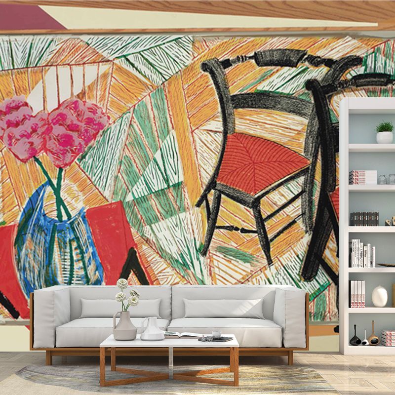 Art Flower and Chairs Mural Red-Yellow-Green Still Life Wall Decoration for Living Room