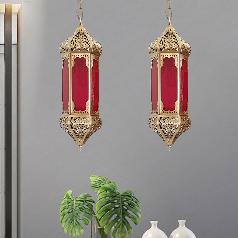 Arab Lantern Hanging Light 1 Bulb Red Glass Pendant Lighting Fixture with Hollow Pattern