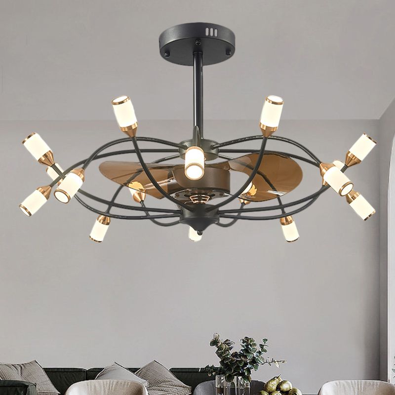 Gebogener Arm Metallic Semi Flush Mount zeitgenössische 16-köpfige 35,5-Zoll-schwarze Lüfterlicht mit 3 braunen Klingen