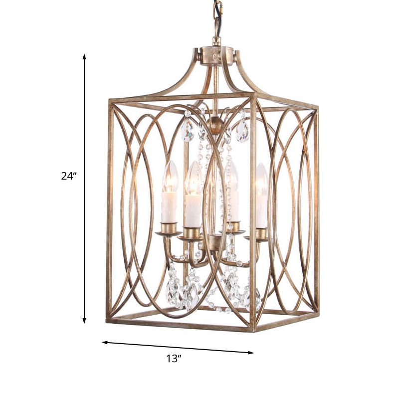 Rectangle Living Room Hanging Lamp Traditional Metal 4 Bulbs Brass Chandelier Pendant Light with Cascading Crystal