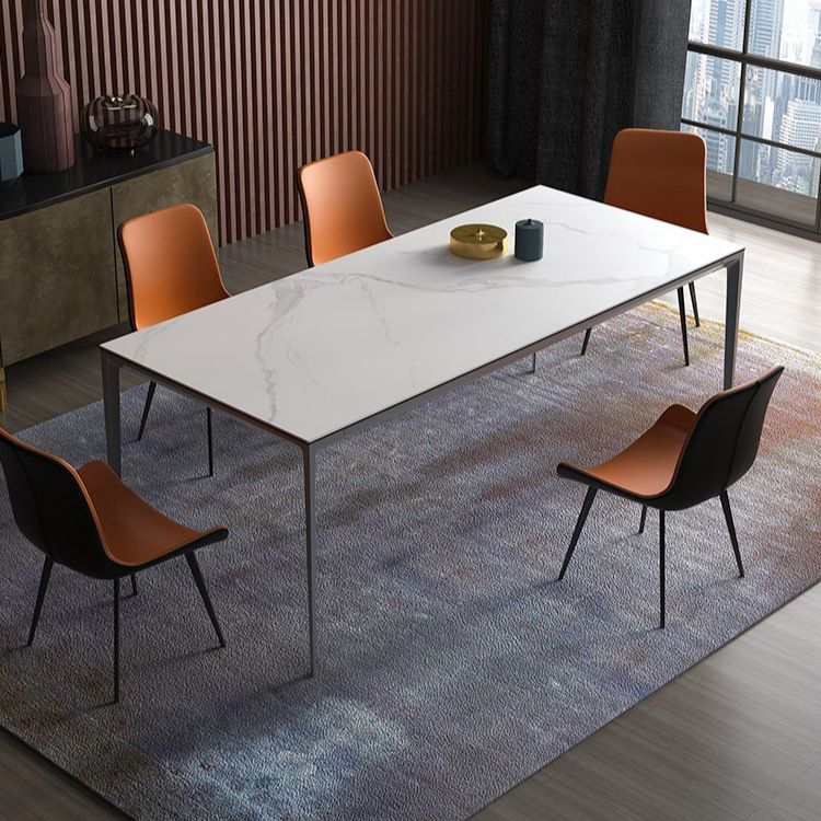 Metal Contemporary Rectangular Table High Gloss White Sintered Stone Dining Table with 4 Legs