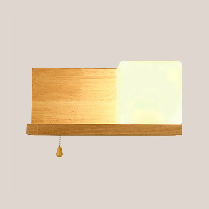 Simple Cubic Wall Appince Light Verre opaque 1 lampe murale du salon de l'ampoule avec plaque arrière en bois oblongue en beige