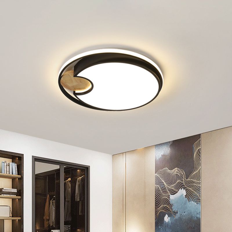 Black Circular LED Ceiling Lighting Modern LED Acrylic Flush Mounted Light with Circular Wood Cut, White/3 Color Light