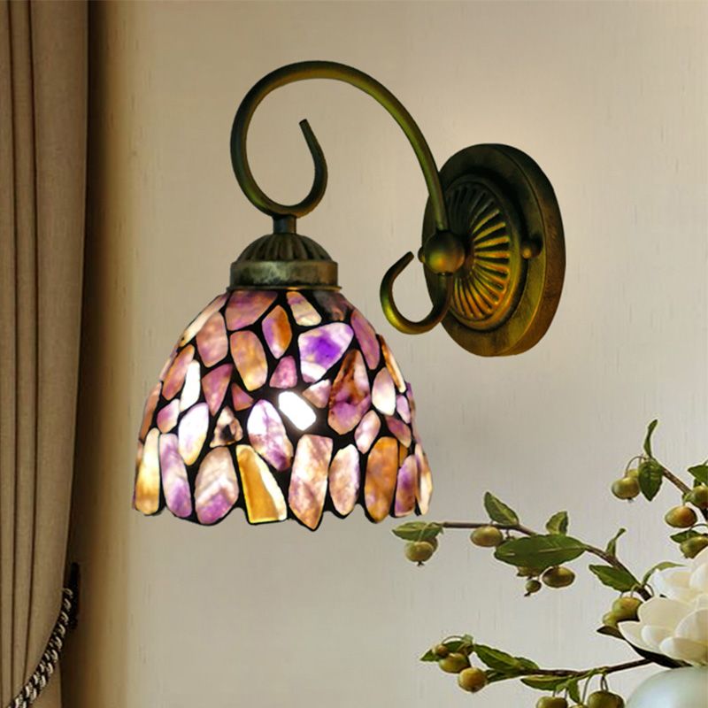 Stone Curving Arm Wall Mounted Lamp Mediterranean 1 Light Red/Purple Sconce for Bedroom
