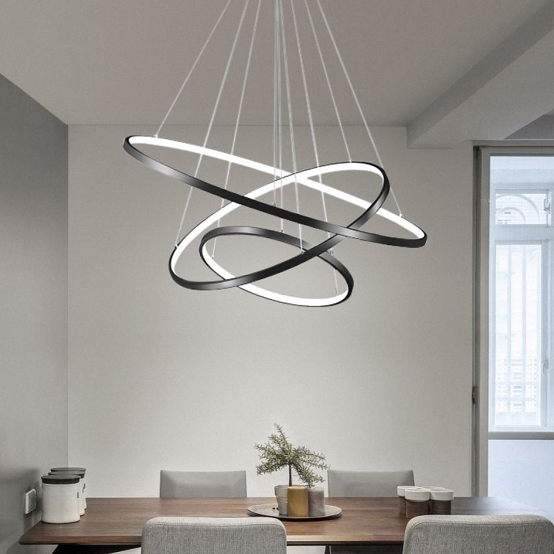 Height Adjustable Ring LED Pendant Lighting Simplicity Metal Black Chandelier for Dining Room