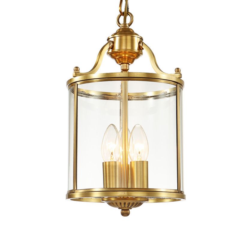 Cylinder Chandelier Lighting Minimalist Clear Glass Brass 3 Bulbs Hanging Ceiling Light, 8"/12" Wide