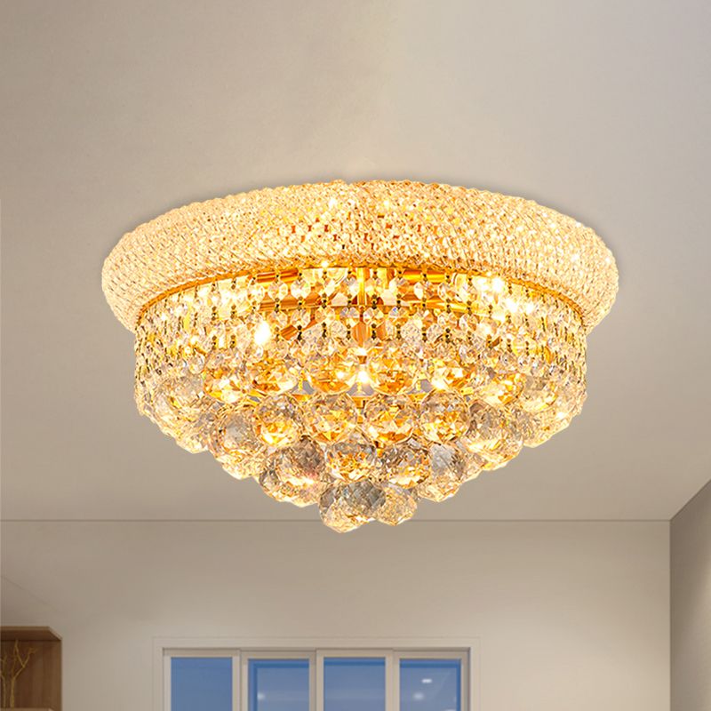6-Bulb Cone Flush Mounted Lamp Vintage Gold Cut Crystal Ceiling Light Fixture for Bedroom