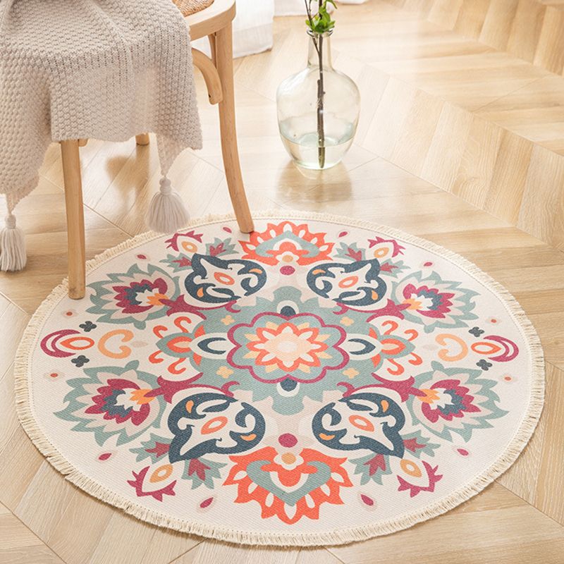 Round Floral Print Carpet Moroccan Cotton Blend Rug Fringe Indoor Carpet for Living Room