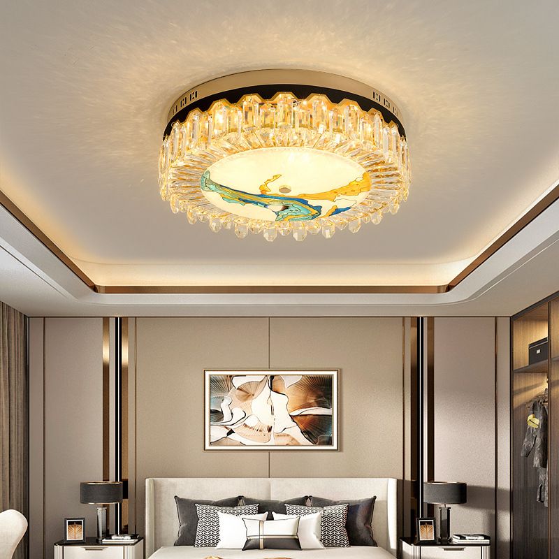Creative Modern Drum Flush Mount Lamp Crystal Block Bedroom LED Ceiling Light in Brass