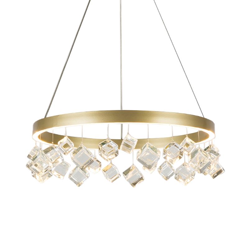 Metal Gold colgante colgante anillo LED LED Postmoderno Candelier en luz cálida/blanca con caída de cristal cúbico