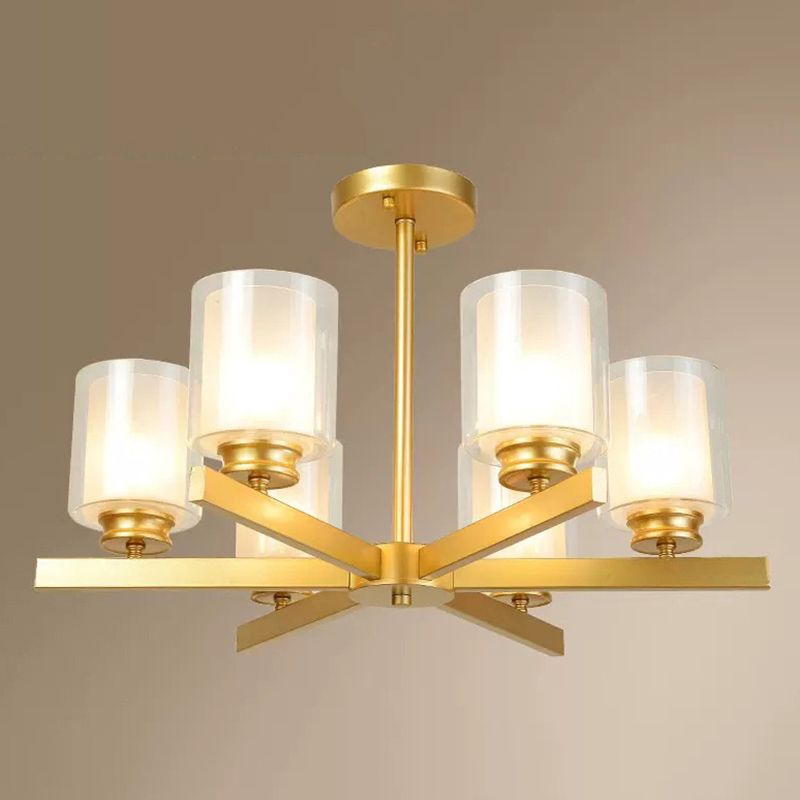 Nordic Style Metal Lighting Chandelier Cylindrical Double-layer Glass Shade Suspension Light for Dining Room