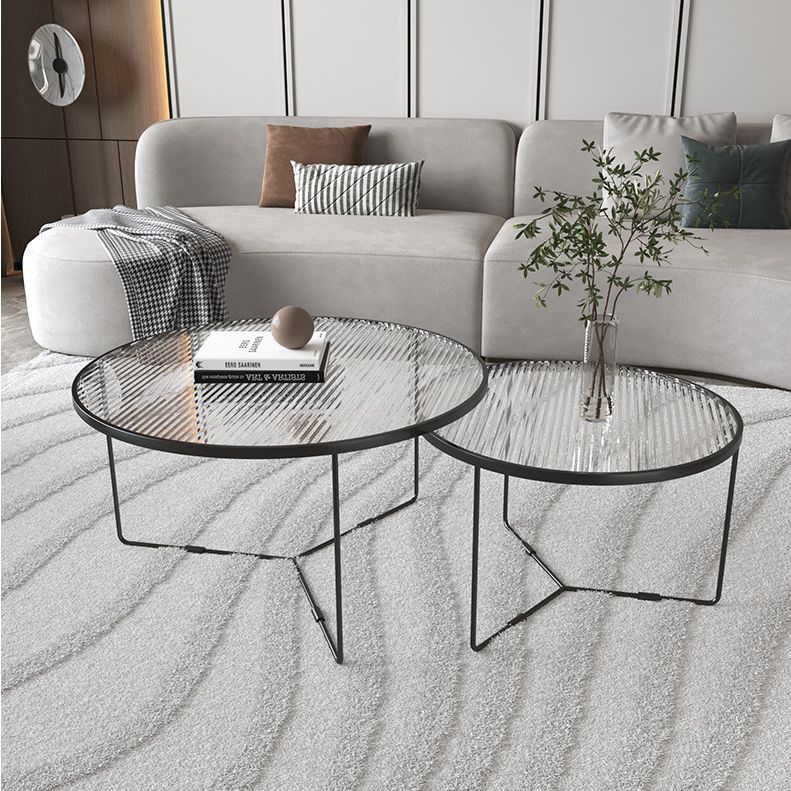 Contemporary Round Glass Top Metal Cross Legs Nesting Coffee Table