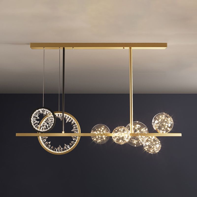 Glass Spherical Island Light Modern Gold LED Hanging Light with Crystal Accents