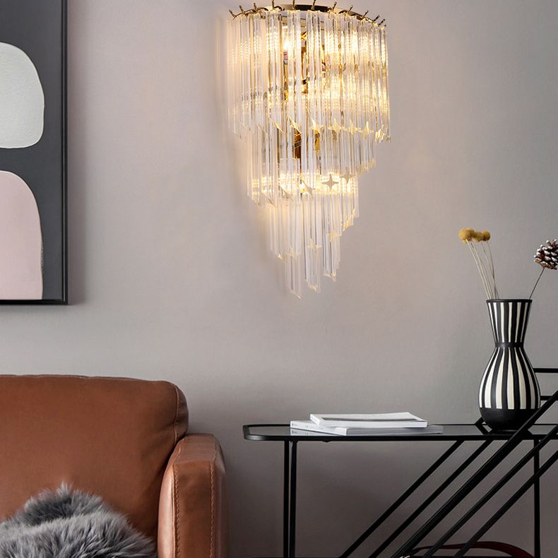 Gold Stagger Wall Lamp in Modern Artistic Style Electroplate Iron Wall Light with Crystal Shade