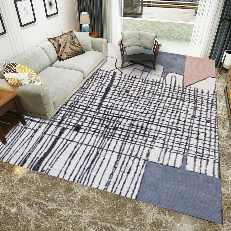 Modern Living Room Rug in Ivory and Blue Abstract Lines Print Rug Polyester Pet Friendly Area Rug