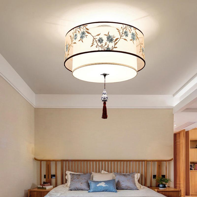 American Traditional Ceiling Light Multi Lights Close to Ceiling Light with Fabric Shade