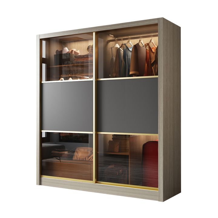 Brown Glass Door Storage Cabinet Contemporary Sliding Door Wardrobe for Home