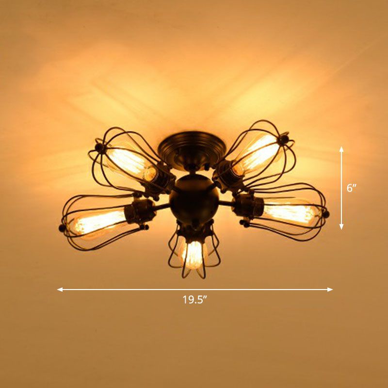Radial Shape Iron Semi Flush Ceiling Light Vintage Restaurant Flush Mount Lighting with Cage in Black