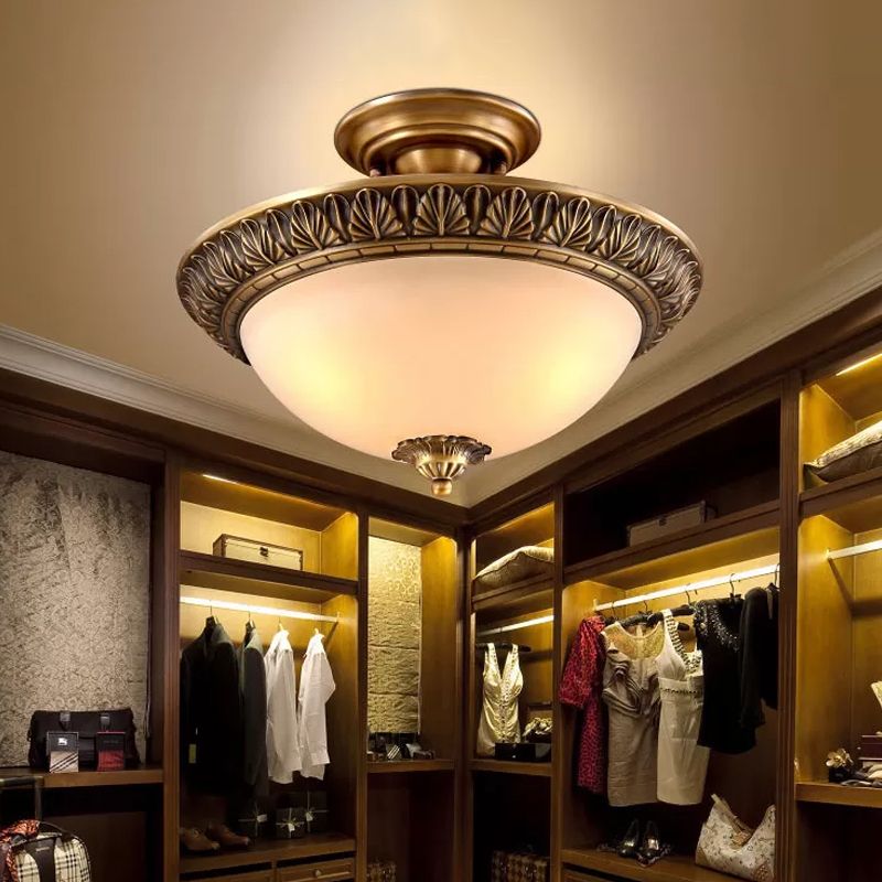 Small/Large Bowl Milk Glass Semi Flush Classic Bedroom LED Ceiling Light with Carved Cloud/Leaf/Flower Edge in Bronze