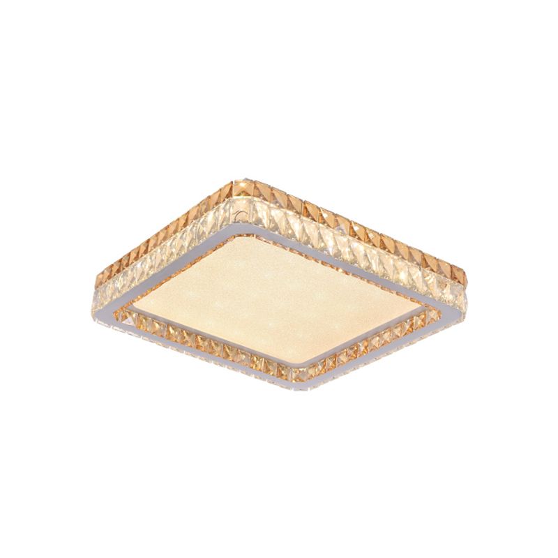 Minimalist Square Ceiling Flush Mount Clear and Gold Crystal Encrusted LED Flushmount Lighting in White