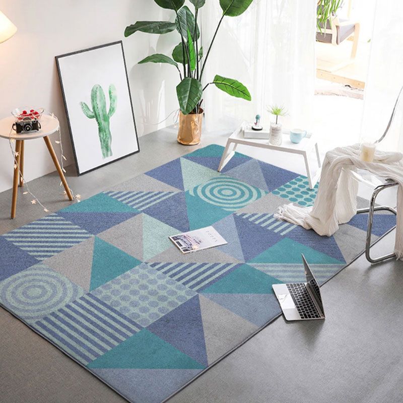 Blue Modern Area Carpet Geometric Print Area Rug Polyester Non-Slip Backing Rug for Home Decor